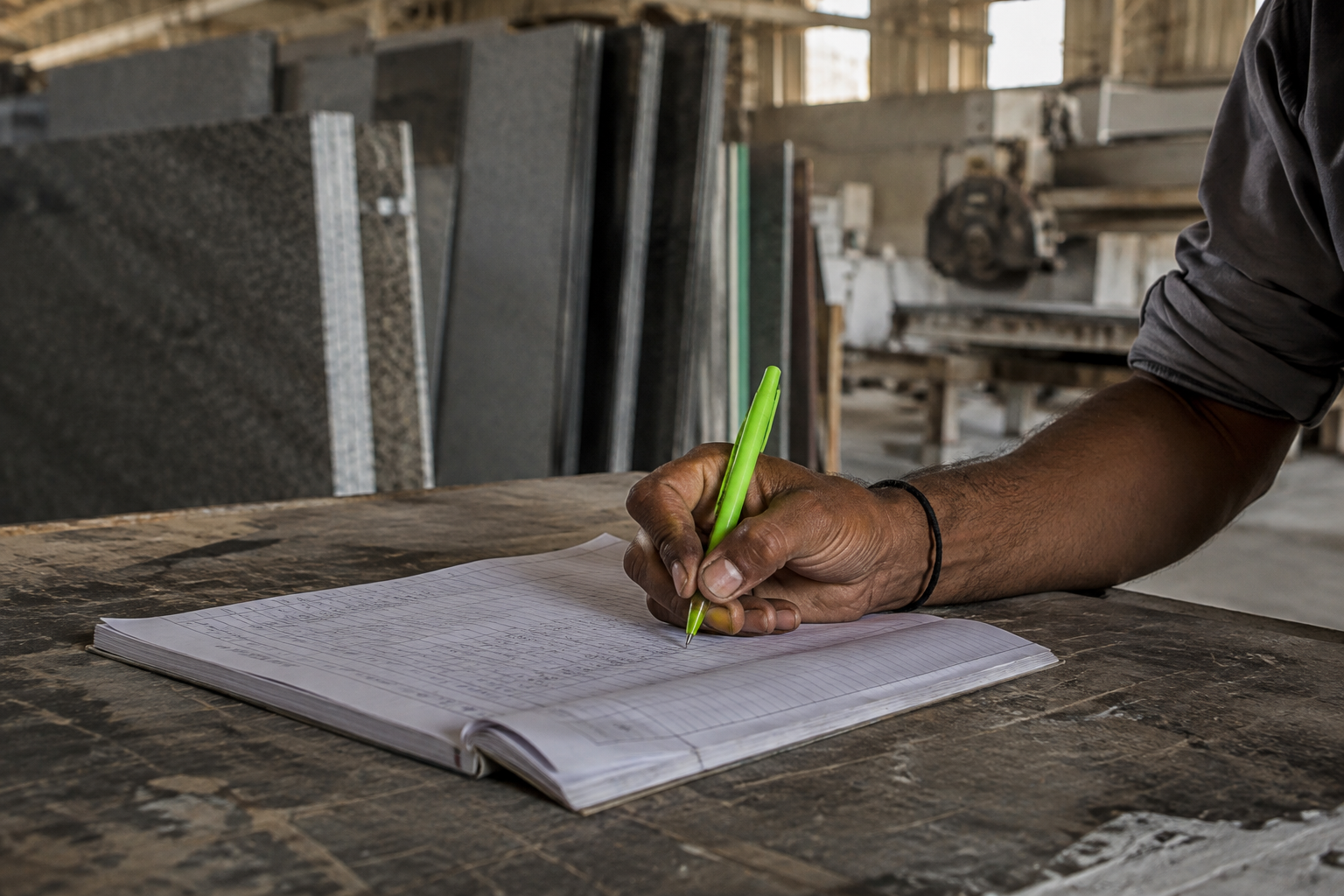 Illustration of a worker recording production in a paper ledger on a factory floor